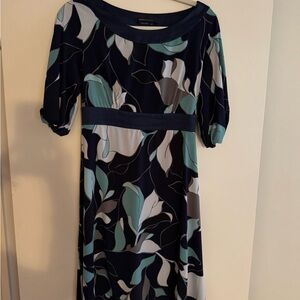 BCBGMaxAzria Navy and Teal Leaf Print Midi Dress